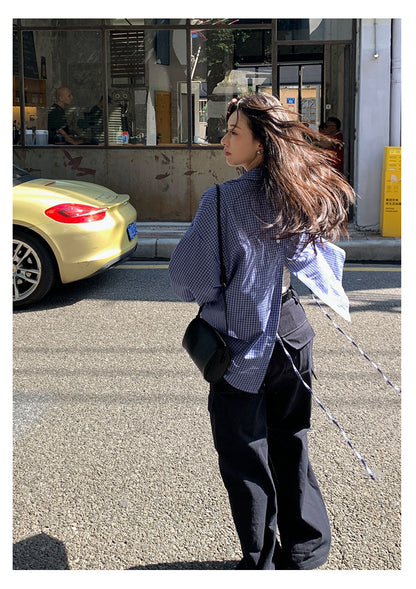 【H5401】實拍後背開叉藍色格子長袖襯衫250902