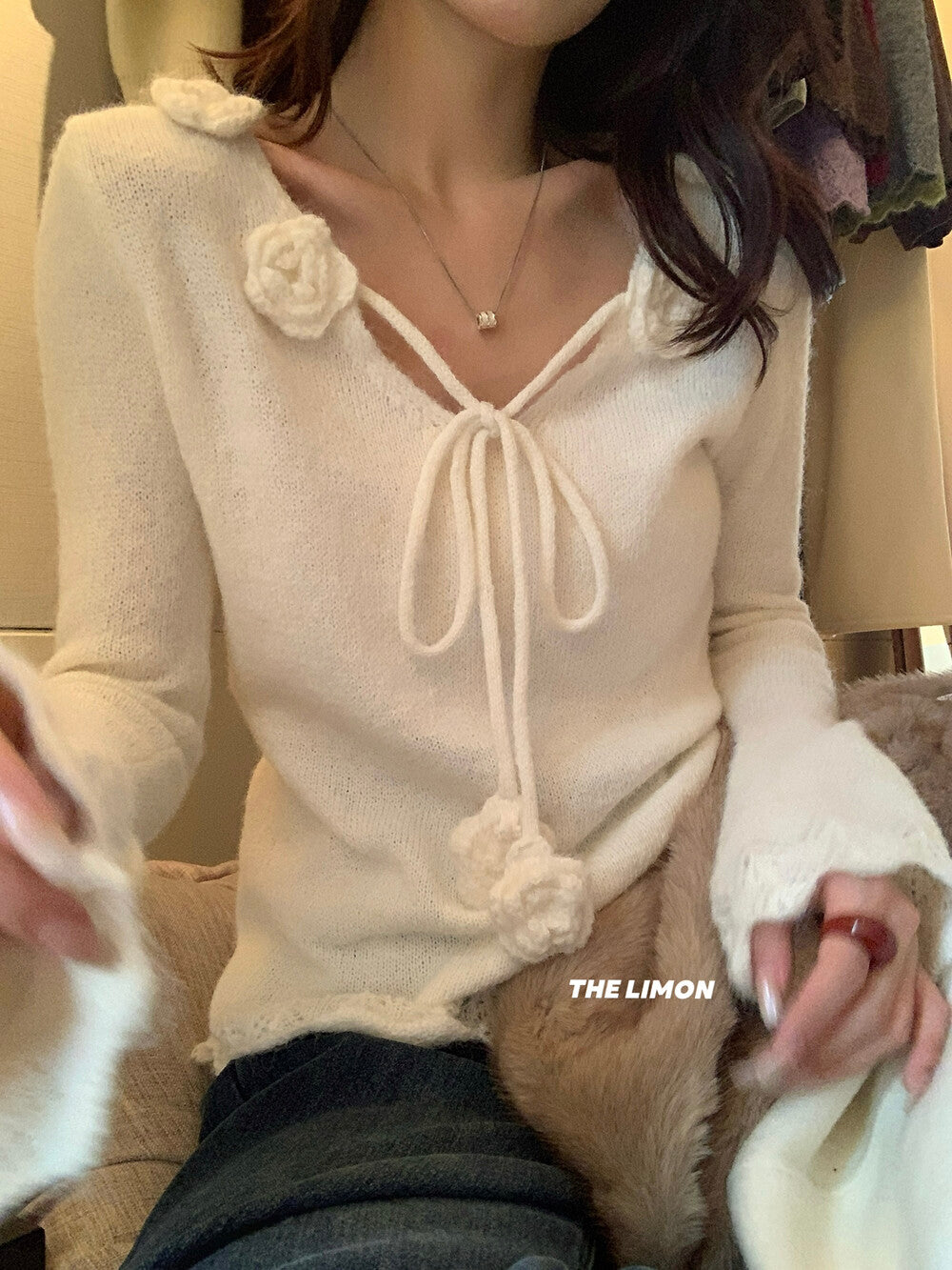 【L6886】實拍檸檬秋冬法式立體花朵長袖針織衫251208