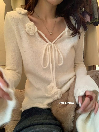 【L6886】實拍檸檬秋冬法式立體花朵長袖針織衫251208