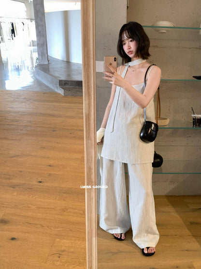【】IMISS高品质亚麻吊带背心女2026夏季新款时尚百搭小衫衣服(配飘带
