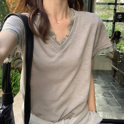 【L10236】韓系甜美仙氣🤍蕾絲拼接寬鬆顯瘦V領短袖T恤260428
