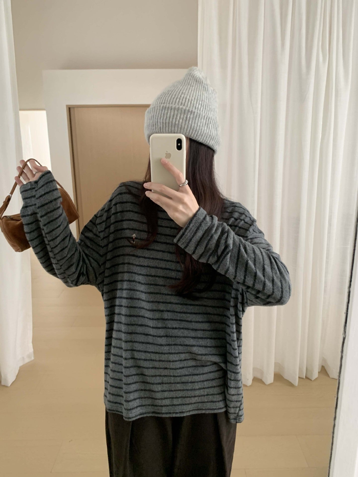 【H572】實拍復古磨毛刺繡條紋圓領T恤251021