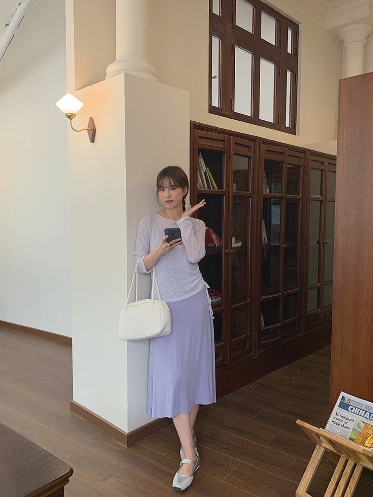 【L9986】實拍隨性紫羅蘭 吊帶洋裝+薄款防曬罩衫 2件套250825