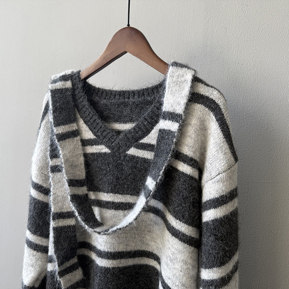 【Y25109】 實拍慵懶條紋V領毛衣＋圍巾(含羊毛3%) 251023