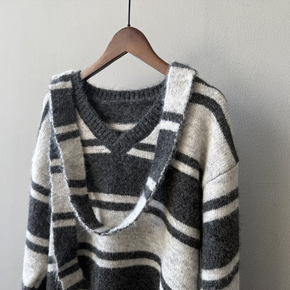 【Y25109】 實拍慵懶條紋V領毛衣＋圍巾(含羊毛3%) 251023