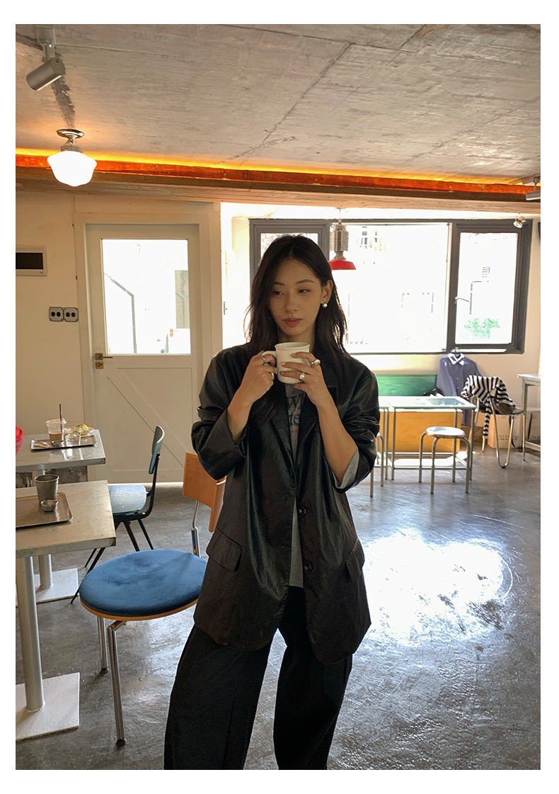 【H5398】實拍韓系高級感黑色皮衣西裝外套250902