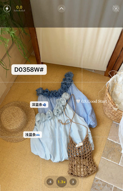【LD0358W】法式溫柔仙女系🌸立體花朵條紋斜肩無袖上衣260323