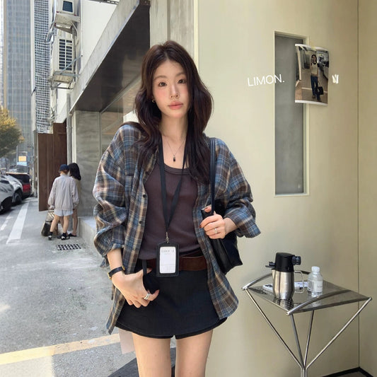 【L11087】檸檬早秋新款慵懶輕質感格紋寬鬆顯瘦長袖襯衫260728