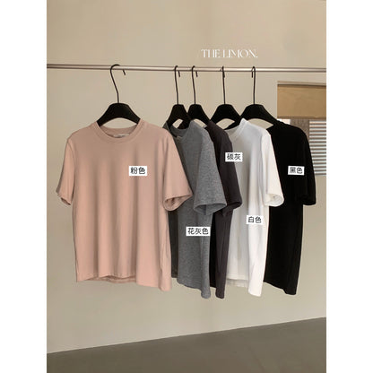 【L11059】檸檬早秋韓系簡約後背虛線小馬刺繡寬圓領寬鬆短袖T恤260728