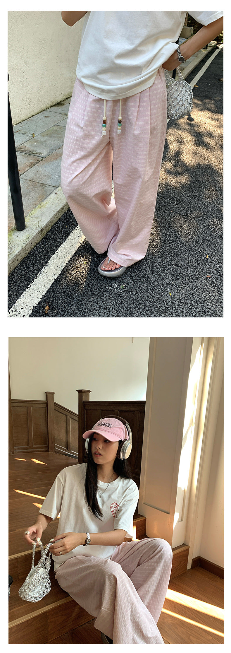 【H5315】實拍韓系慵懶條紋休閒寬褲250617