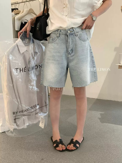 【LHT002】實拍檸檬韓系復古時髦✨淺藍水洗抽鬚寬鬆休閒牛仔五分褲260408