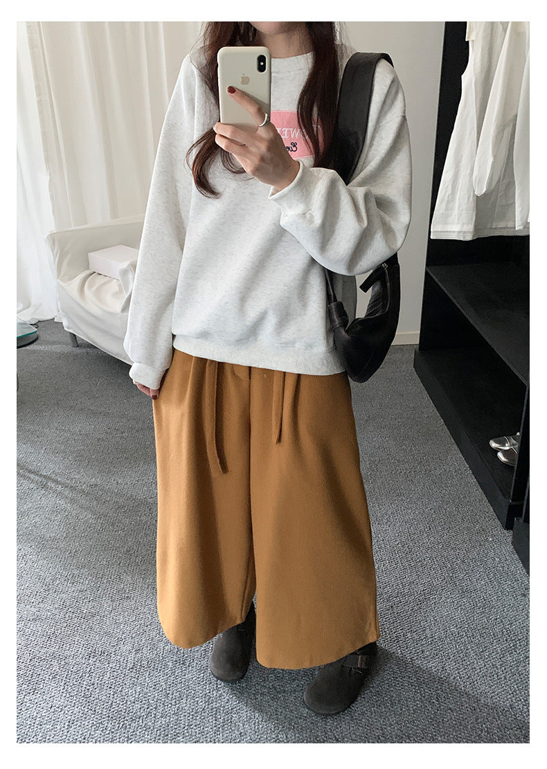 【H5491】實拍秋冬毛呢鬆緊腰加厚闊腿休閒褲251109