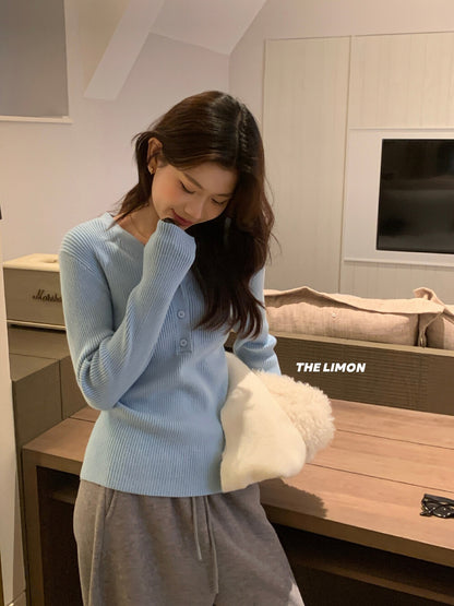 【L99909】檸檬秋冬超修身V領纽扣長袖針織衫251117