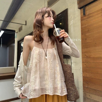 【L10690】夏日精緻女孩✨時髦鏤空刺繡工藝百搭休閒細肩帶上衣260511