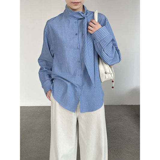 【cimH25551】韓系知性氣質🤍純棉百搭顯瘦立領飄帶長袖襯衫260306