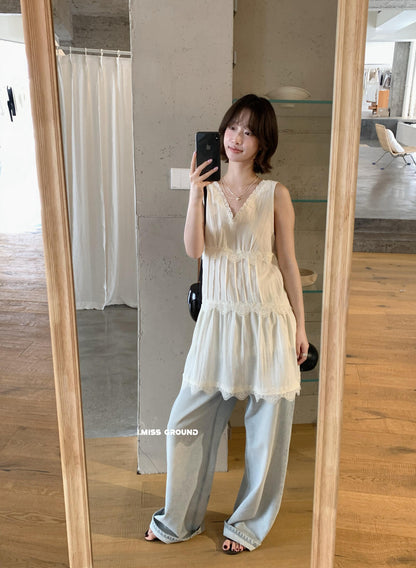 【LR70960】實拍imiss修身顯瘦！氣質蕾絲花邊V領棉麻洋裝260305