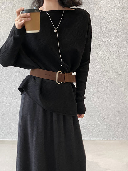 【cim9033】實拍韓系高級感長袖斜肩針織衫＋腰帶251030
