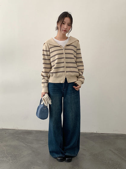 【LD11036】實拍雙頭拉鍊海軍領條紋針織開衫251202