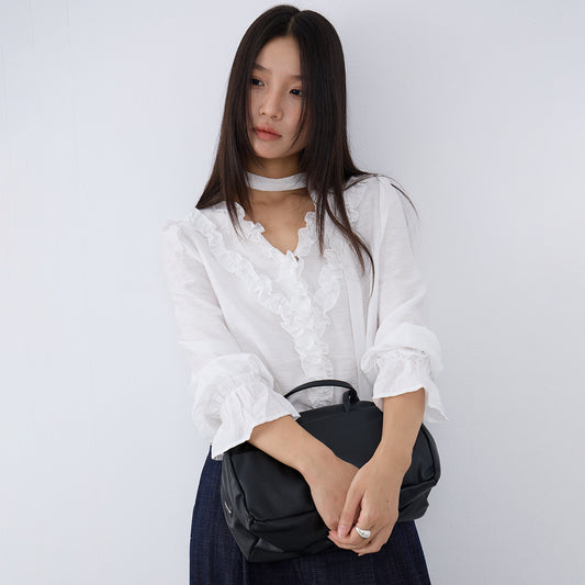 【LD3160】實拍法式氣質荷葉長袖襯衫飄帶250908
