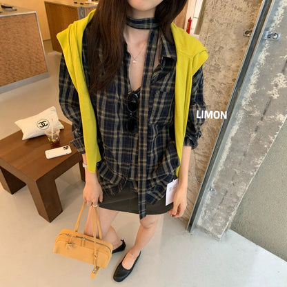 【L11002】檸檬家慵懶韓系・格紋寬鬆長袖襯衫 (附飄帶)260831