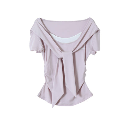 【LD11174】實拍設計感韓系絕美粉色帶披肩/綁帶假兩件短袖T恤260317