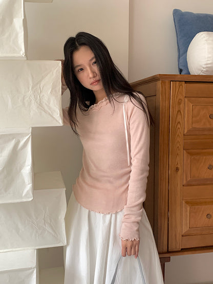 【L2787】實拍小花邊蕾絲斜肩領長袖針織衫（6％羊毛）250825