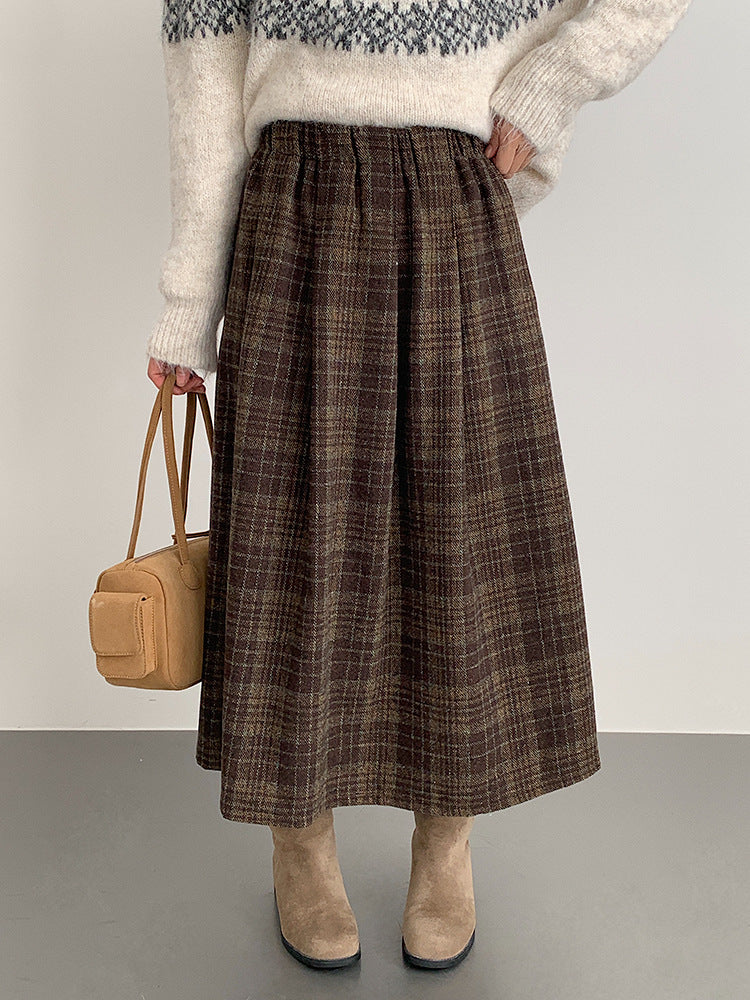 【LD11008】實拍復古毛呢格子高腰a字裙(左右有口袋）251110