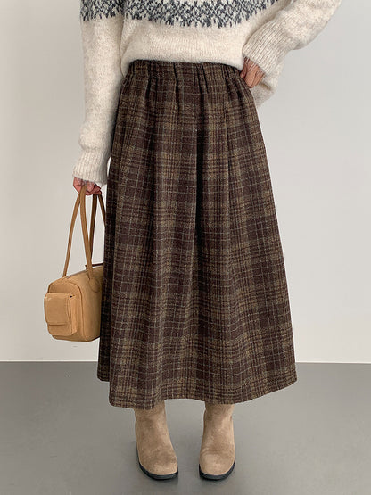 【LD11008】實拍復古毛呢格子高腰a字裙(左右有口袋）251110