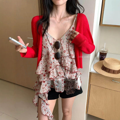 【L10658】復古甜美少女感🎀浪漫碎花飄帶荷葉邊無袖細肩帶背心上衣260518