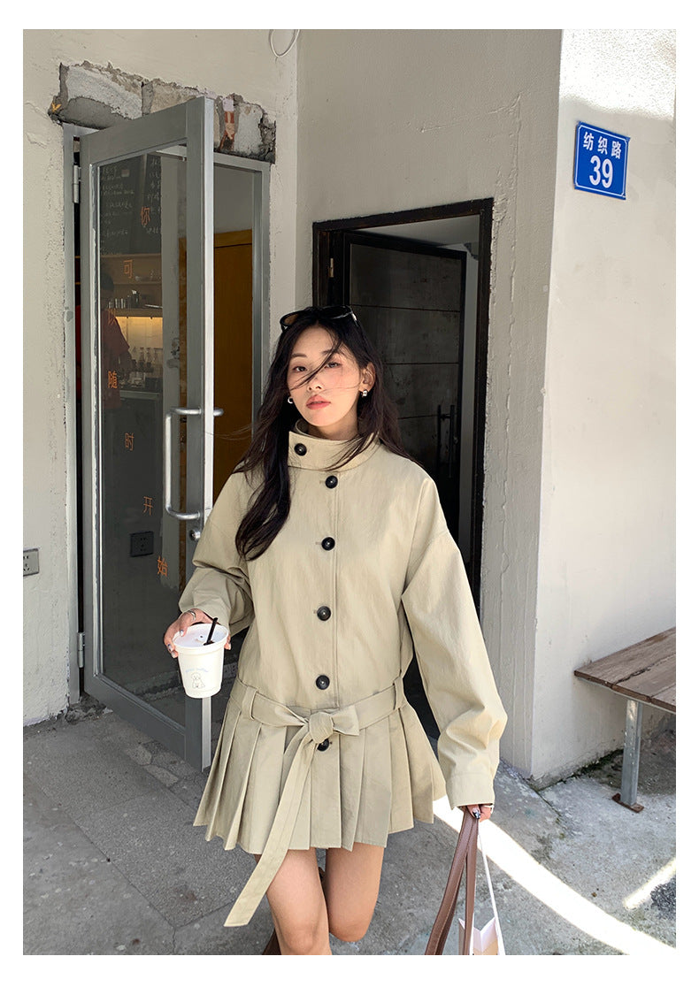 【H5400】實拍韓系慵懶卡其立領收腰風衣外套250902