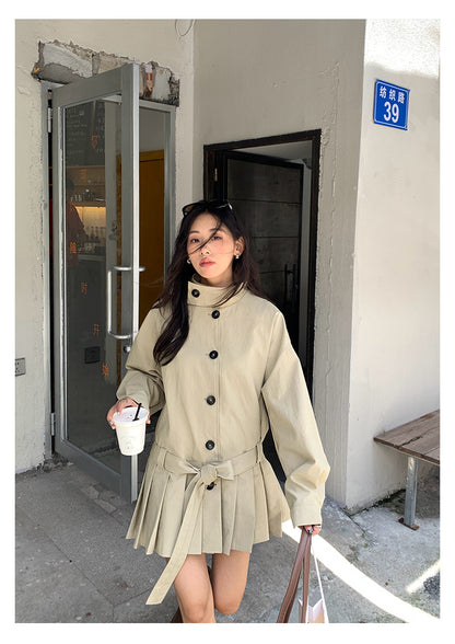 【H5400】實拍韓系慵懶卡其立領收腰風衣外套250902