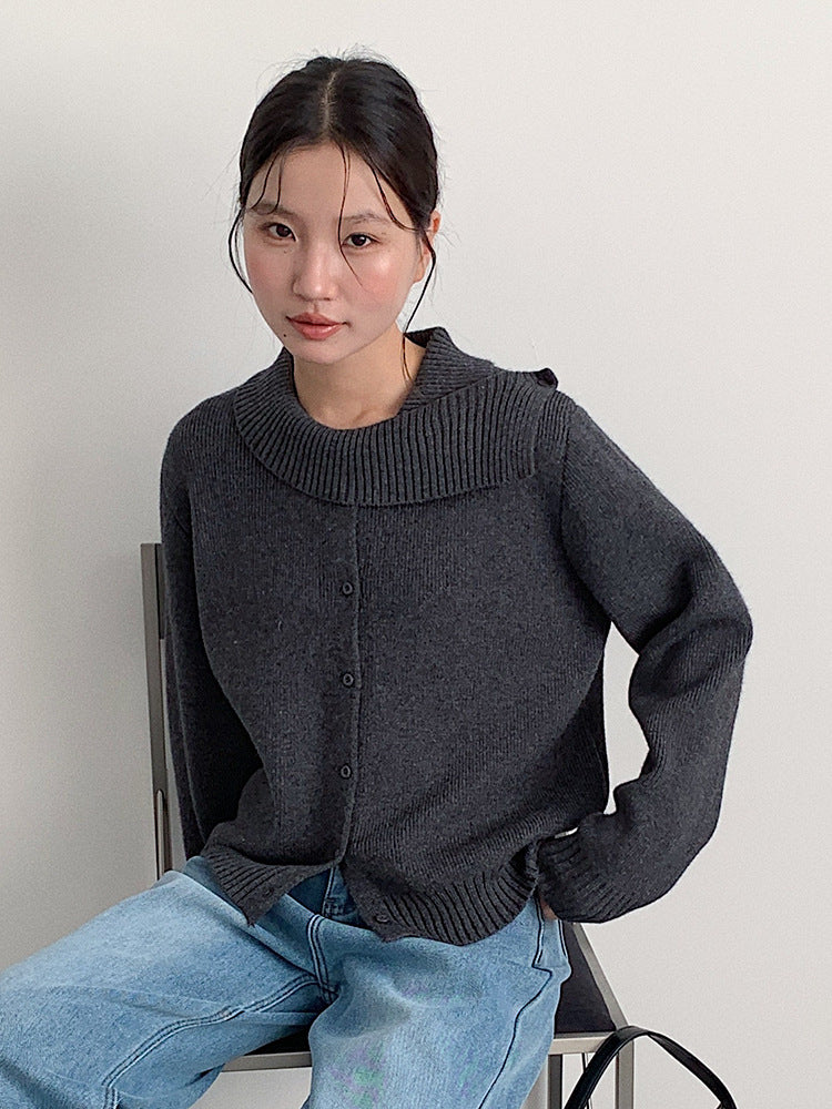 【LD11002】實拍秋冬法式設計感斜領針織毛衣外套251110