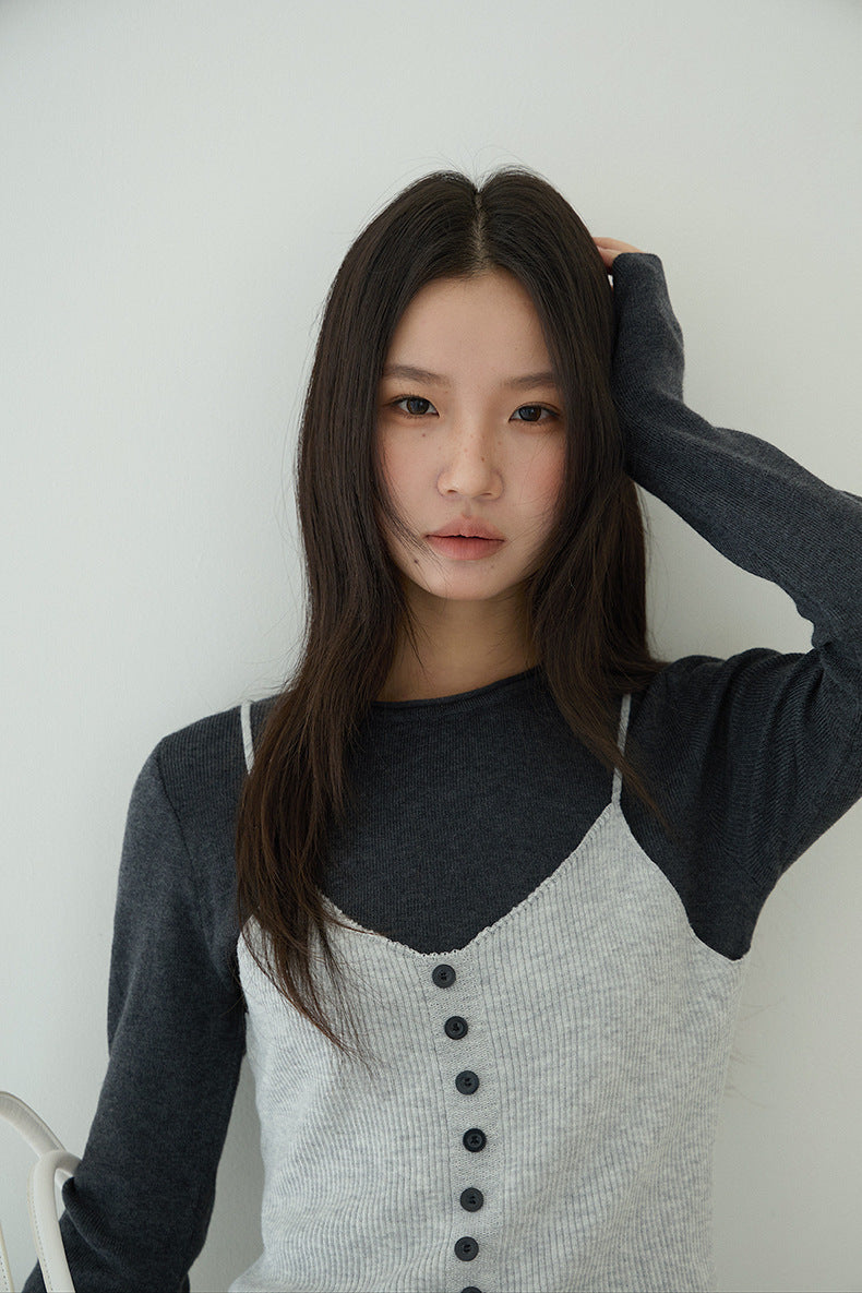 【LD11159】實拍修身顯瘦必備！假2件細肩帶背心+長袖針織衫260309