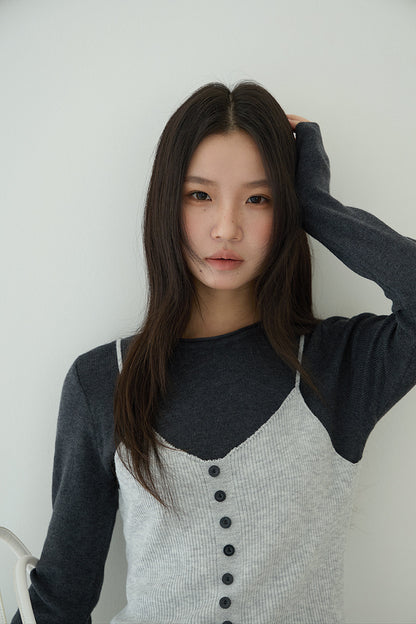 【LD11159】實拍修身顯瘦必備！假2件細肩帶背心+長袖針織衫260309