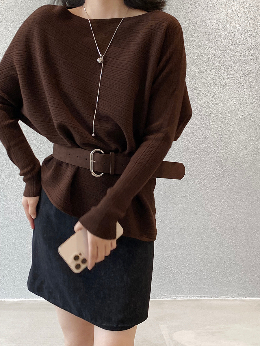 【cim9033】實拍韓系高級感長袖斜肩針織衫＋腰帶251030