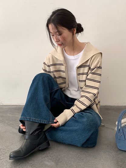 【LD11036】實拍雙頭拉鍊海軍領條紋針織開衫251202