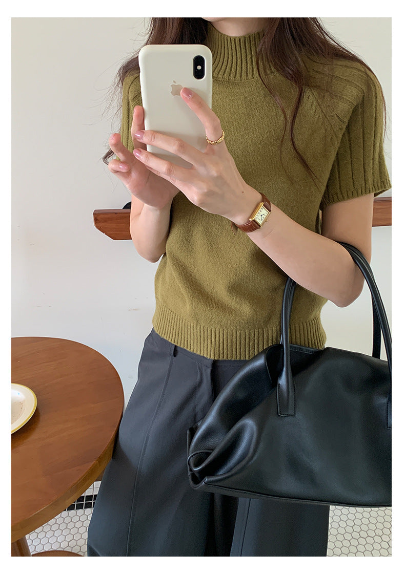 【H5516】實拍高領氣質短袖針織衫251125