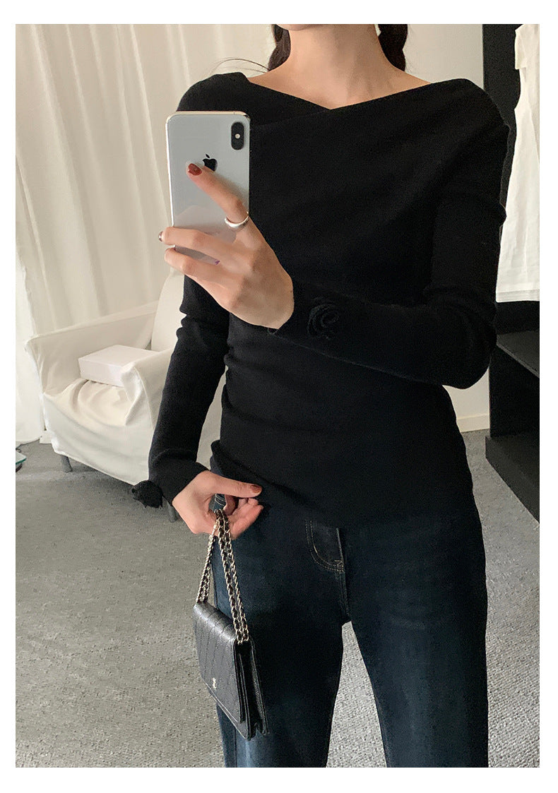 【H5487】實拍秋冬褶皺露肩針織衫251109