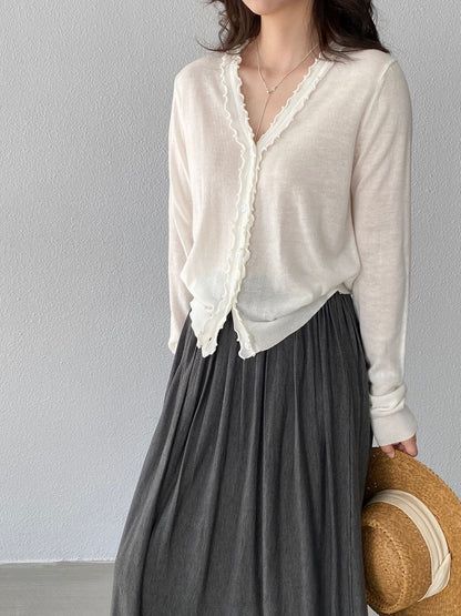 【cimz5643】韓系清新氧氣感🍃寬鬆顯瘦木耳邊V領花邊薄款針織上衣260319