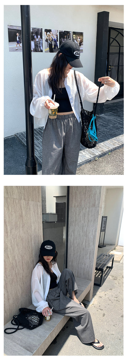 【H5277】實拍韓系條紋闊腿褲 顯瘦高腰直筒寬褲夏季休閒長褲250520