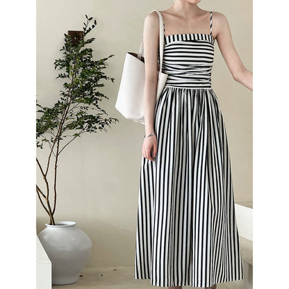 【cimu3226】法式高級感微性感💋條紋平口細肩帶露肩抓皺收腰A字長洋裝260716