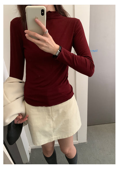 【H568】實拍基礎款木耳邊半高領純色打底衫251021