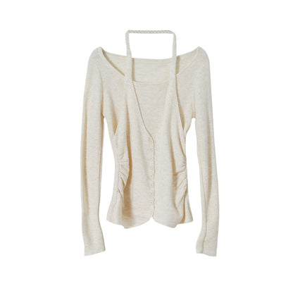 【LD11170】實拍韓系純慾微性感✨淡紫掛脖假兩件收腰顯瘦長袖針織衫260317