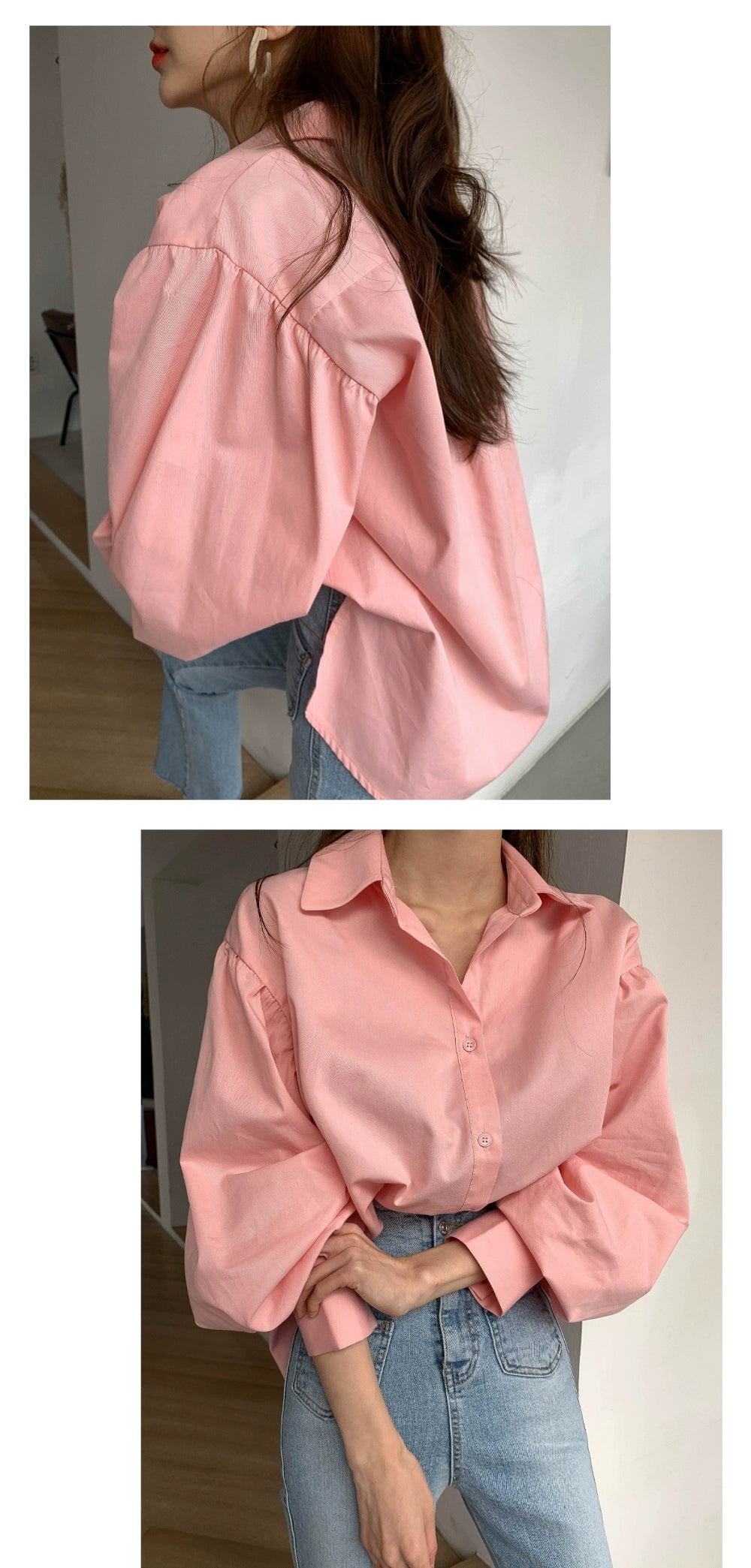 【F01307】韓國早春燈籠袖寬鬆襯衫240119