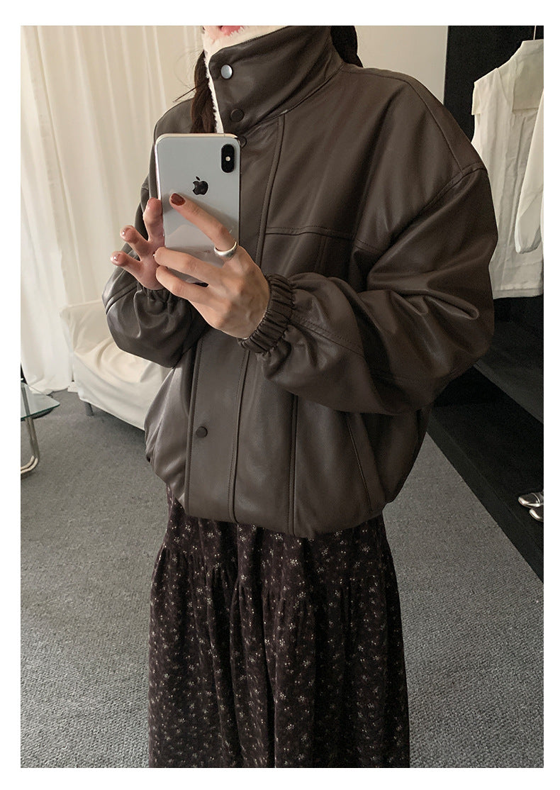 【H5485】實拍高級感毛領PU皮衣夾棉加厚外套251109