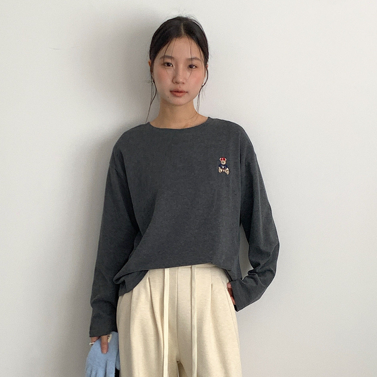 【LD11025】實拍舒適小熊刺繡寬鬆長袖T恤251124