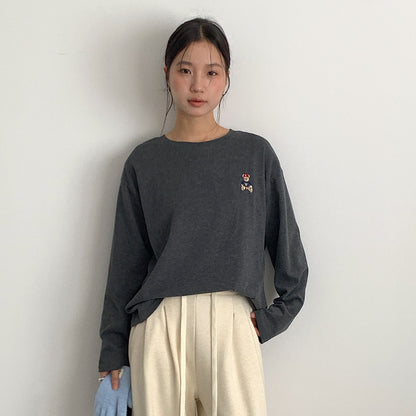 【LD11025】實拍舒適小熊刺繡寬鬆長袖T恤251124