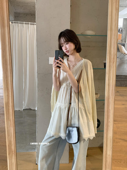 【LR70960】實拍imiss修身顯瘦！氣質蕾絲花邊V領棉麻洋裝260305