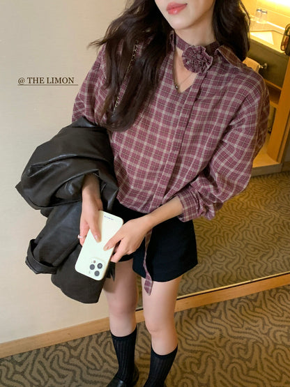 【L9113】實拍檸檬家早秋法式時髦復古格紋長袖襯衫＋胸花可拆250901