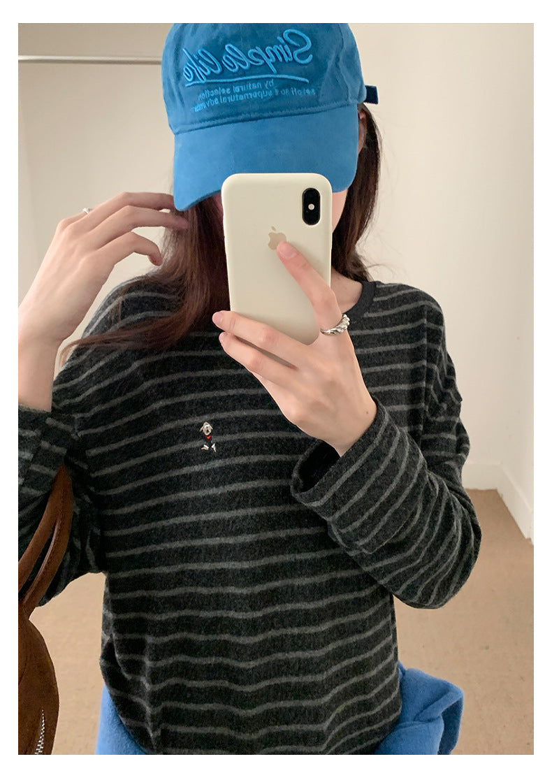 【H572】實拍復古磨毛刺繡條紋圓領T恤251021